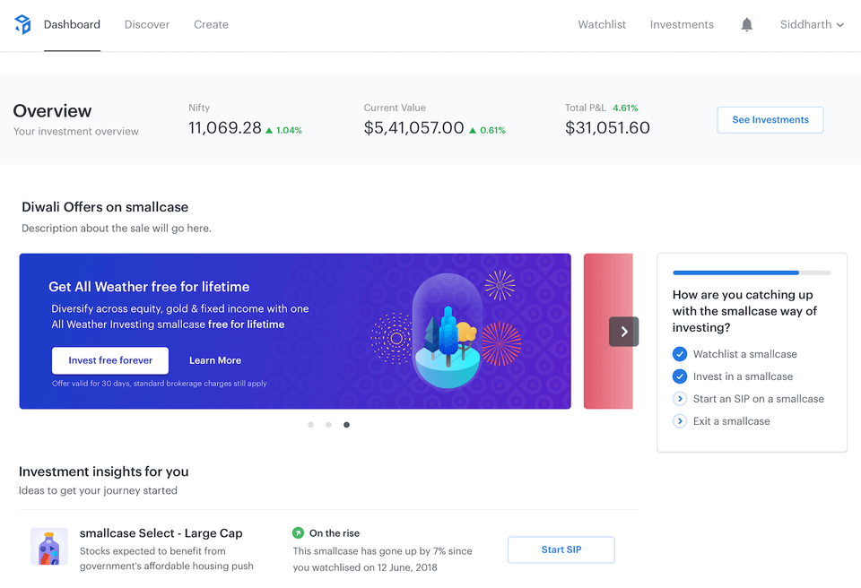 Dashboard with Diwali 2019 offer (design page)
